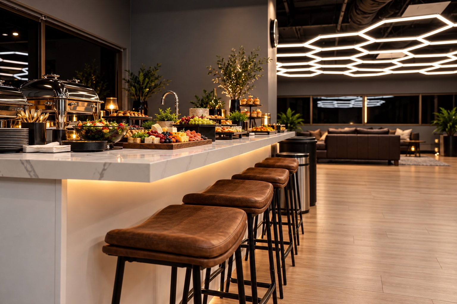 Upstairs bar arranged as a catered serving area for a private event