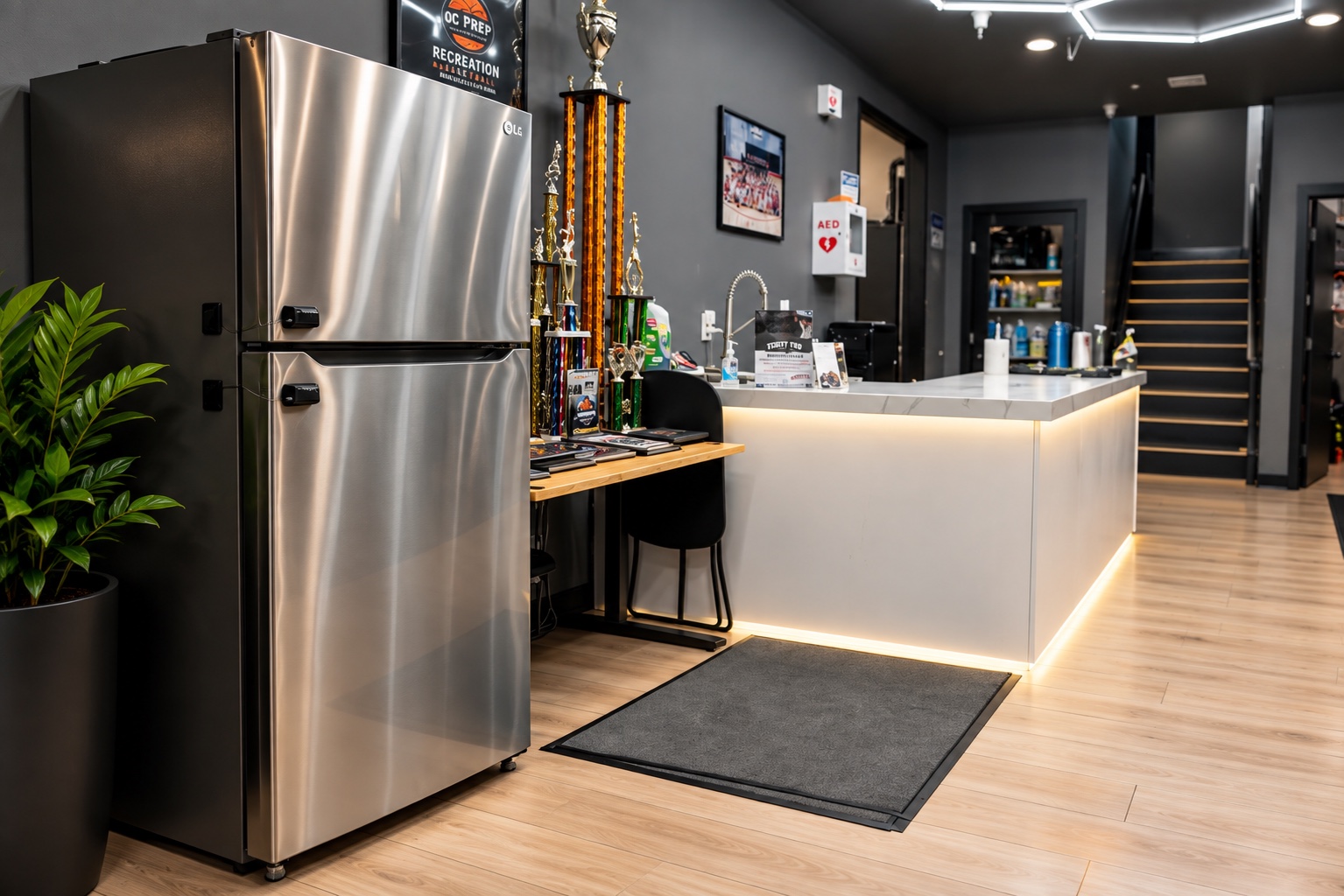 Facility lobby with full-size refrigerator and reception counter