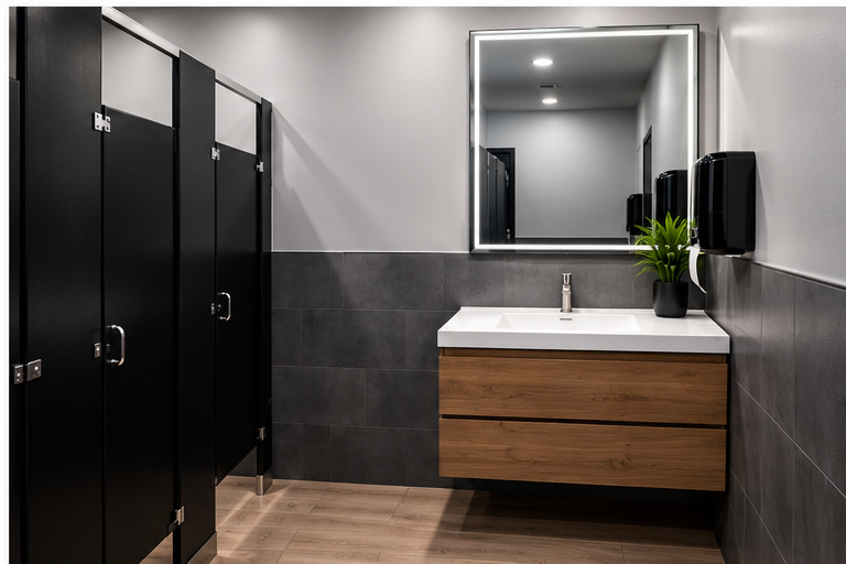Restroom vanity, illuminated mirror and private stalls