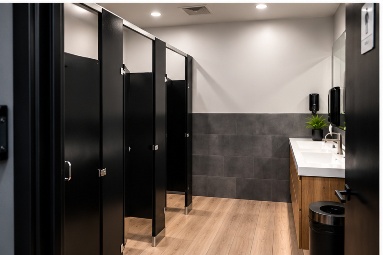 Modern restroom with private stalls, wood flooring and a double vanity