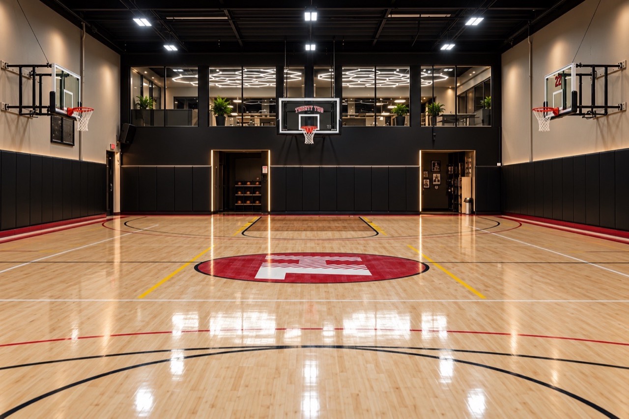 Full private hardwood basketball court with a mezzanine overlooking the floor
