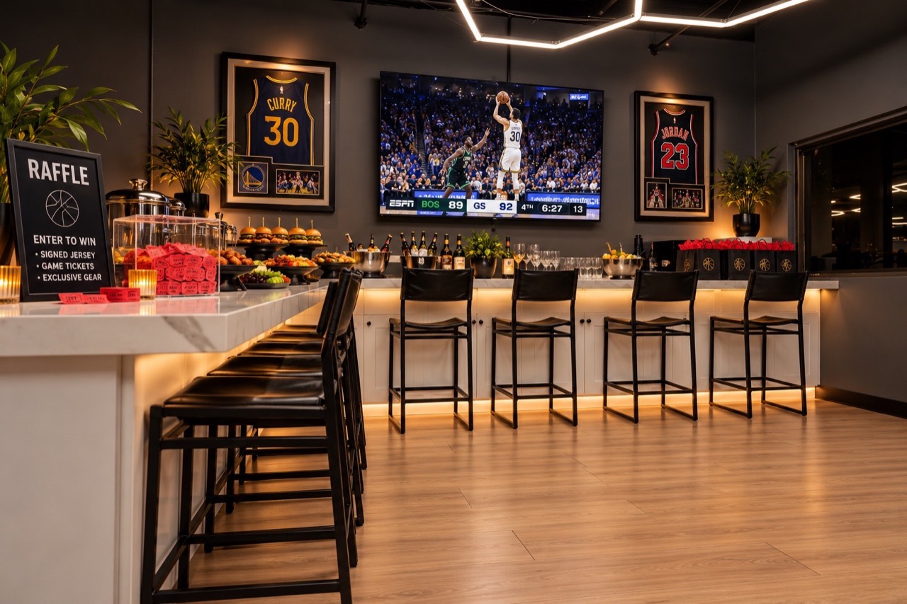 Mezzanine bar staged for a private basketball event