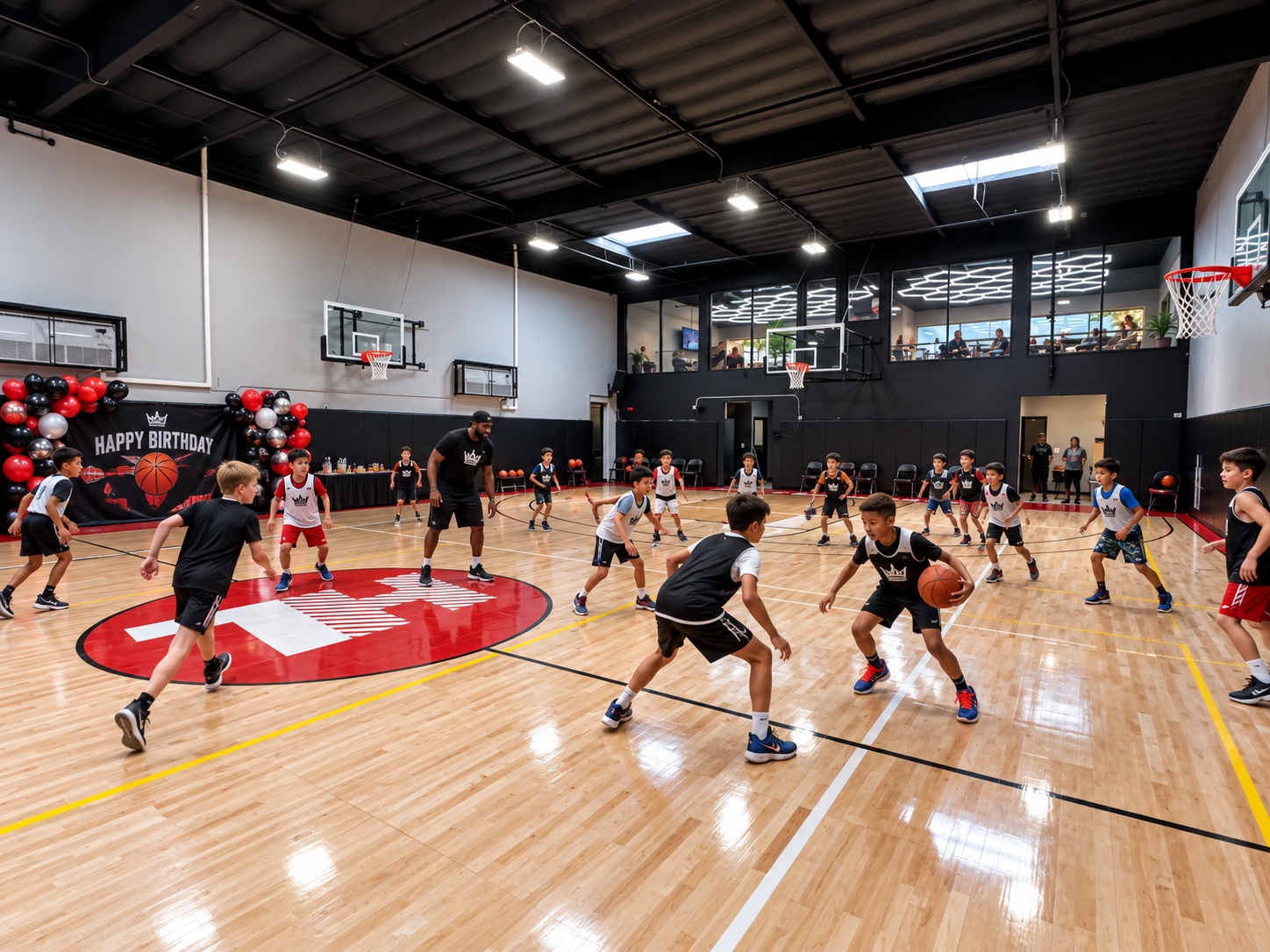 Kids playing basketball at a birthday party on the Hoop Legends court