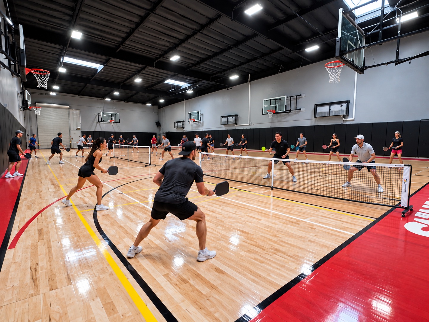 Adults playing doubles pickleball on the indoor courts