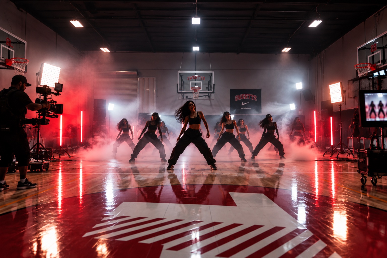 A music video production with dancers, cameras and red lighting on a basketball court